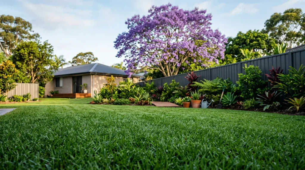 Green backyard lawn in spring with a jacaranda in purple bloom, grey Colorbond fence and tropical garden beds in Queensland