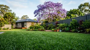 Green backyard lawn in spring with a jacaranda in purple bloom, grey Colorbond fence and tropical garden beds in Queensland