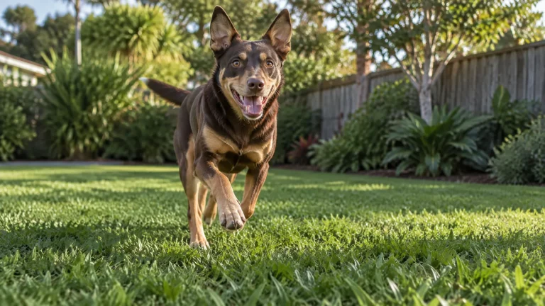 Happy kelpie-type dog running toward the camera across a healthy green lawn in a Queensland backyard with a timber fence