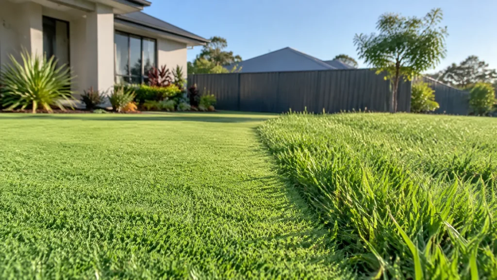 Fine, short couch lawn beside longer, coarser kikuyu-style grass in a sunny Queensland front yard with a grey fence