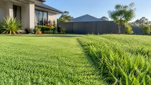 Fine, short couch lawn beside longer, coarser kikuyu-style grass in a sunny Queensland front yard with a grey fence