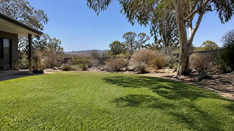 Green, dense lawn in a sunny Australian backyard beside dry native garden beds and a tall white-trunked gum tree