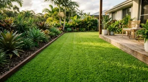 Dense fine-bladed Empire Zoysia lawn in a Queensland backyard with tropical garden beds, timber edging and a timber deck