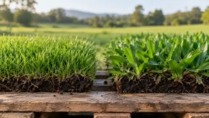 Fine, dense zoysia turf beside broad-leaf buffalo turf, both with soil, on a timber pallet with a farm paddock behind
