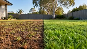 Low-angle view of patchy grass seedlings in bare soil beside a thick green turf lawn in a Queensland backyard