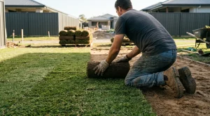 Landscaper in gloves and work boots kneeling to lay a roll of turf on levelled sandy soil beside fresh lawn in a new backyard