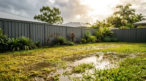 Waterlogged backyard lawn with puddles over yellowing grass beside a grey metal fence after storm rain in Queensland