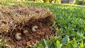 Dead brown lawn patch lifted to reveal three C-shaped curl grubs in red soil beside healthy broad-leaf buffalo grass