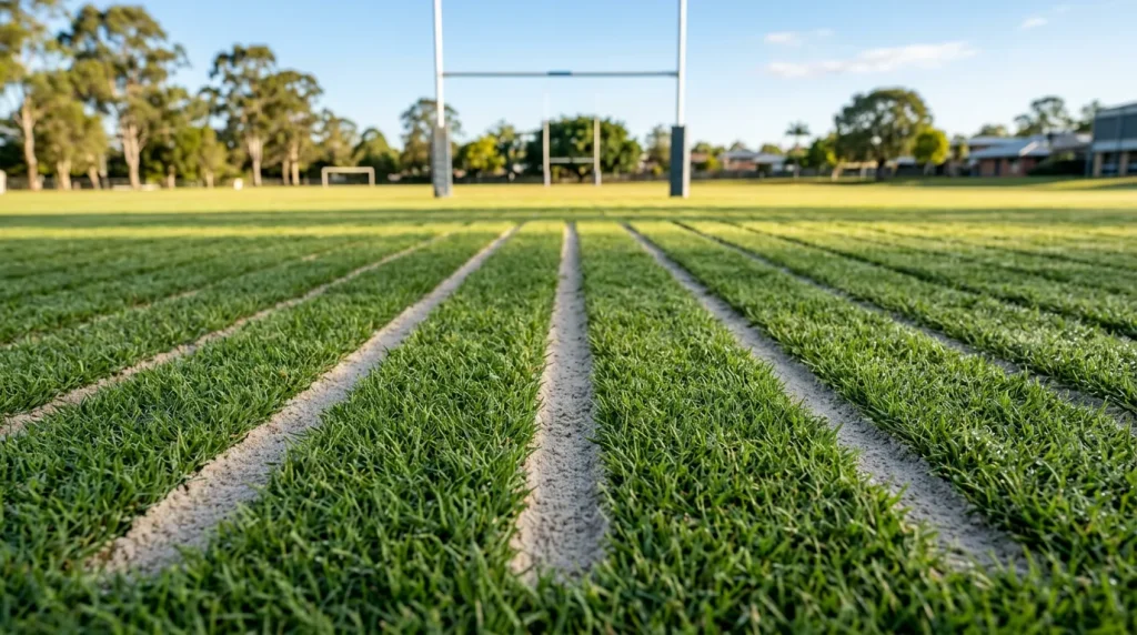 Parallel sand-filled drainage slits running across a sports field's turf toward rugby goalposts on a sunny day