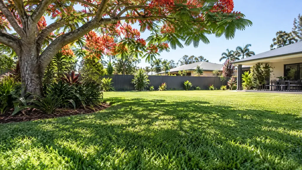 Healthy green lawn in shade under a flowering red poinciana tree in a Queensland backyard with a Colorbond fence