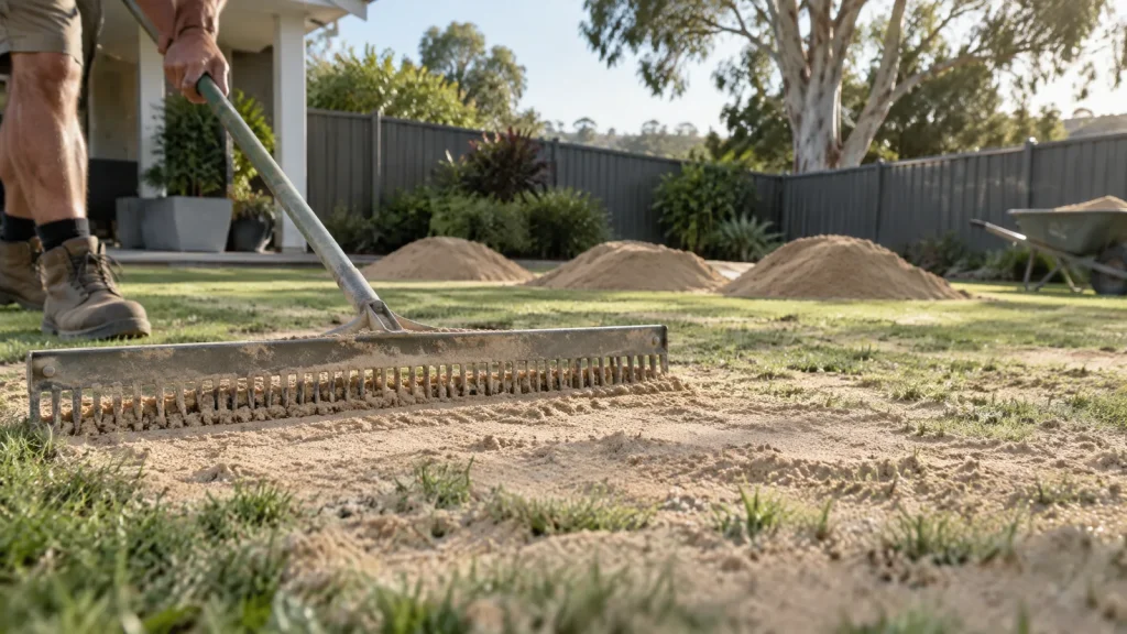 Raking topdressing sand over a bumpy backyard lawn, with sand piles and a wheelbarrow behind