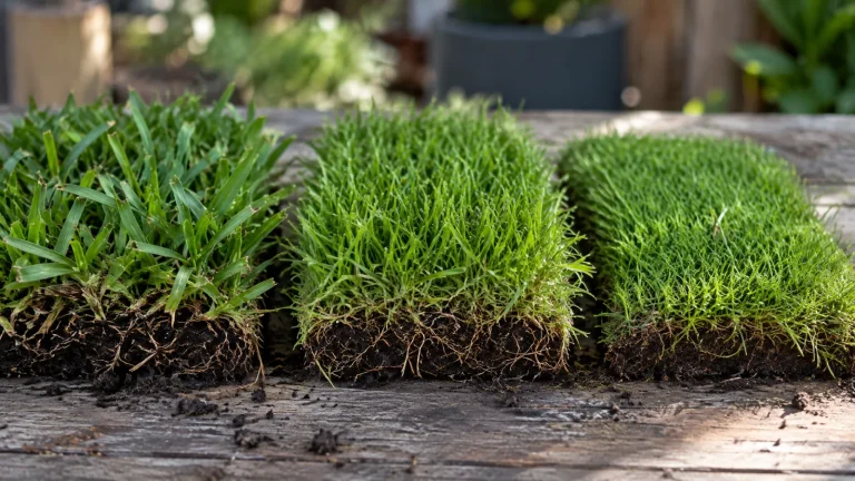 Three turf samples side by side on a timber bench, from broad-leaf buffalo-style grass to fine, dense couch-style grass