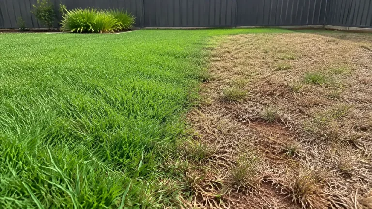 Backyard lawn split between healthy green grass and a dead brown patch with sparse green regrowth, beside a grey metal fence