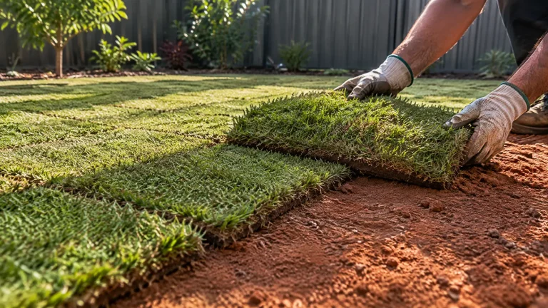 Gloved hands laying a slab of fresh turf beside newly laid rows on prepared red soil in a backyard