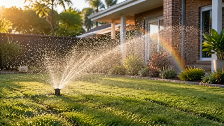 Pop-up sprinkler watering a newly laid lawn with faint turf joins, backlit by golden morning sun in front of a brick house