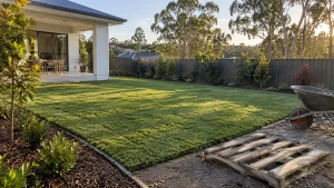 Freshly laid turf lawn in a Brisbane backyard with steel garden edging, an empty timber pallet and wheelbarrow at sunset