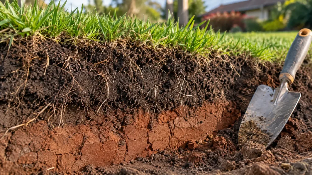 Soil cross-section under a lawn: grass roots in dark loam underlay over red-brown clay subsoil, with a garden trowel