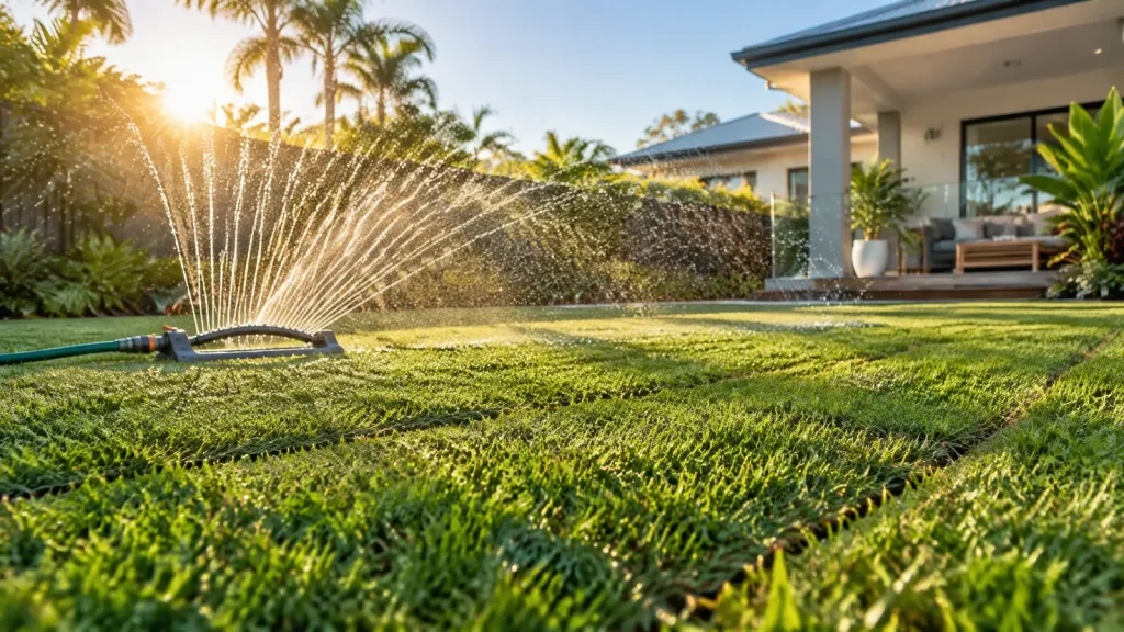 Oscillating sprinkler watering a newly laid lawn with visible turf joins, backlit by low morning sun in a Brisbane backyard